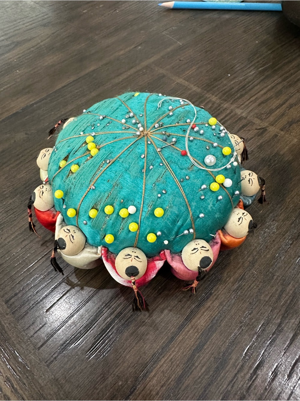 Vintage Traditional Chinese Style Silk Pin Cushion with Little Men